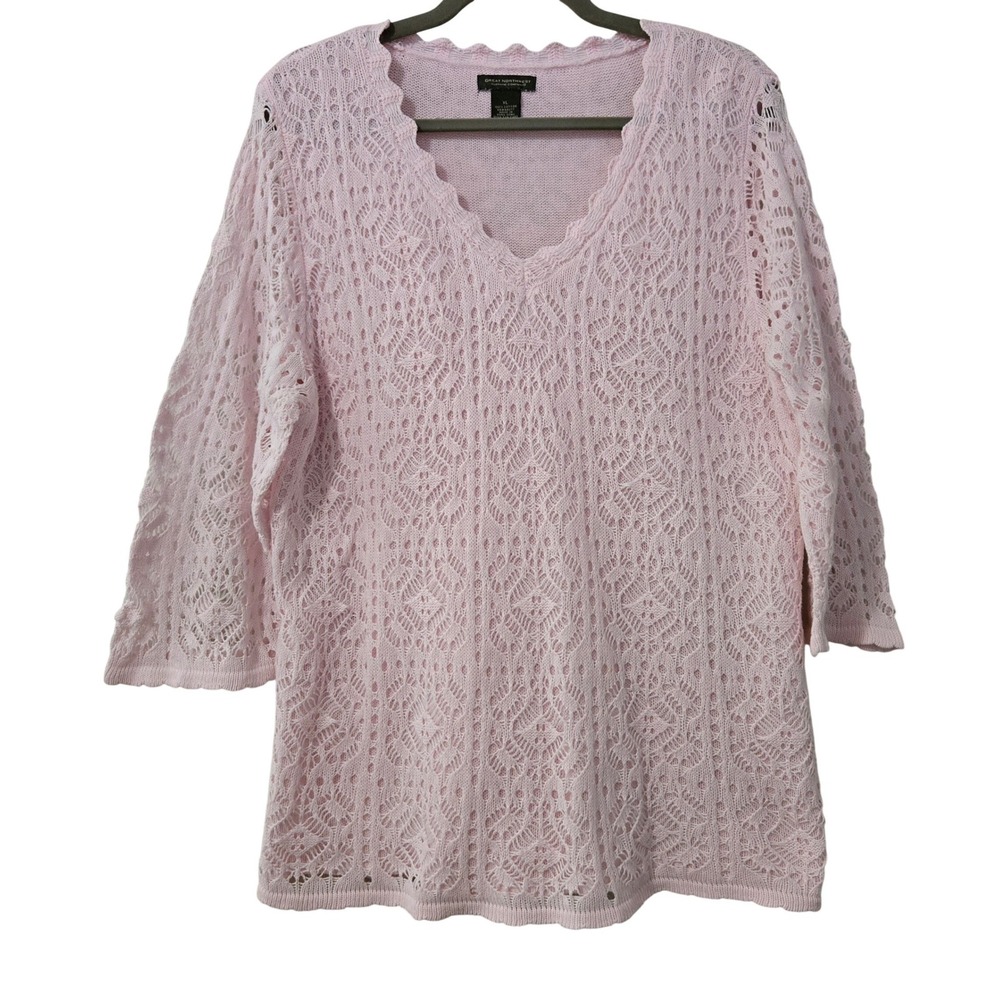 Great Northwest Pink Open Knit Cotton Sweater Scalloped V-Neck 3/4 Sleeve XL